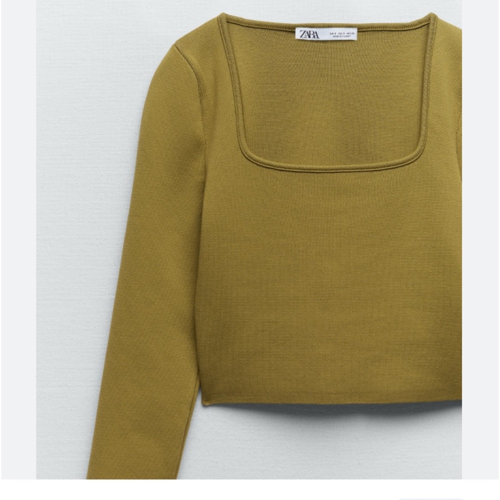 EUC ZARA LONG SLEEVE KNIT GREEN SQUARE NECK CROP TOP SZ M